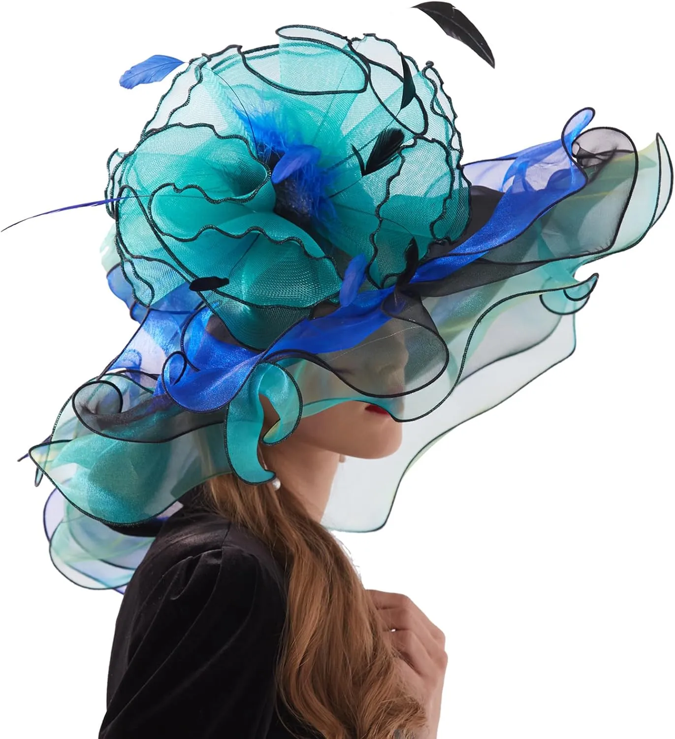 Women Elegant Organza Derby Hat Wide Brim Sun Hats for Wedding Tea Party Fascinator Hat