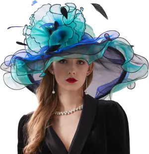 Women Elegant Organza Derby Hat Wide Brim Sun Hats for Wedding Tea Party Fascinator Hat