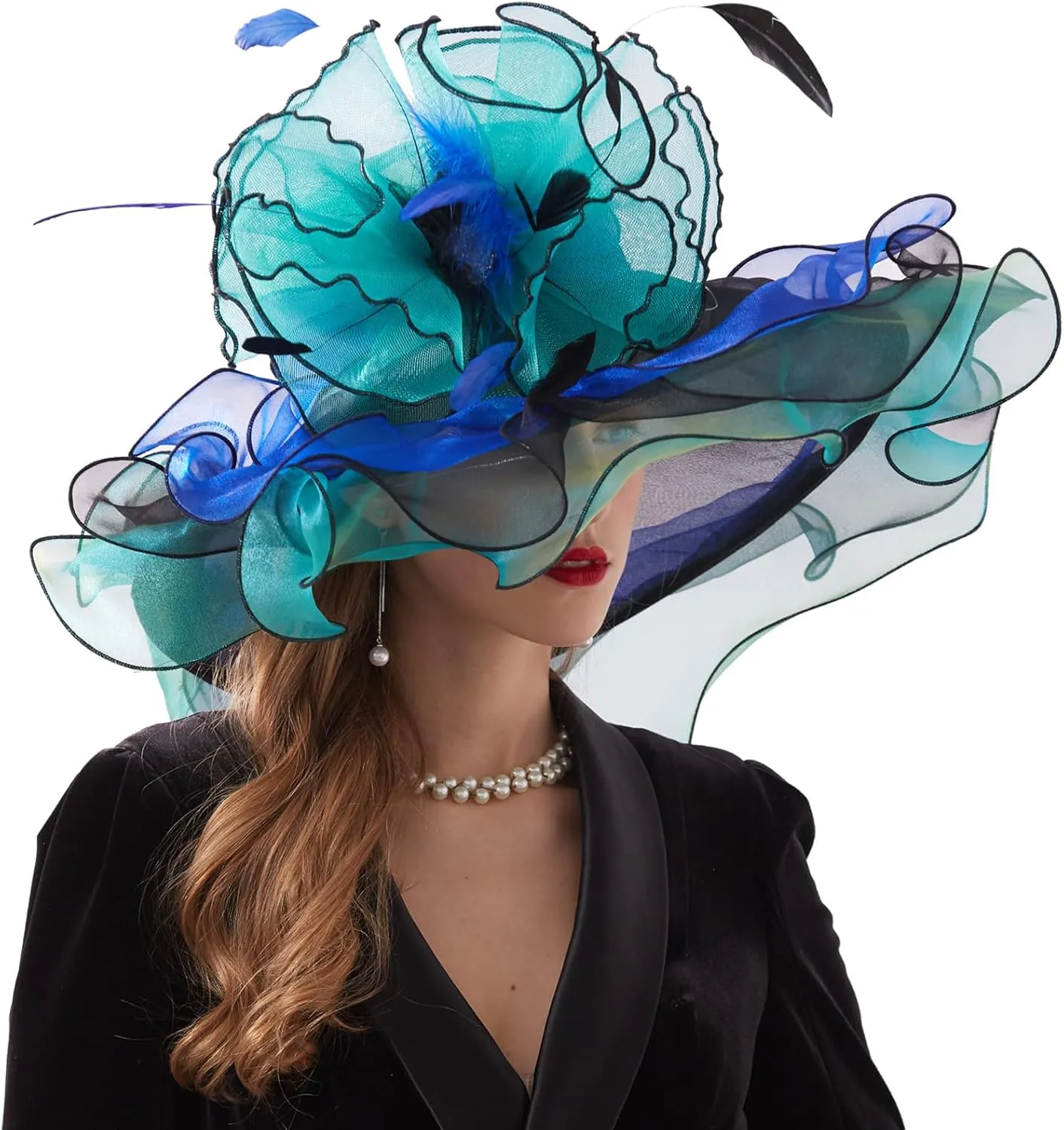 Women Elegant Organza Derby Hat Wide Brim Sun Hats for Wedding Tea Party Fascinator Hat
