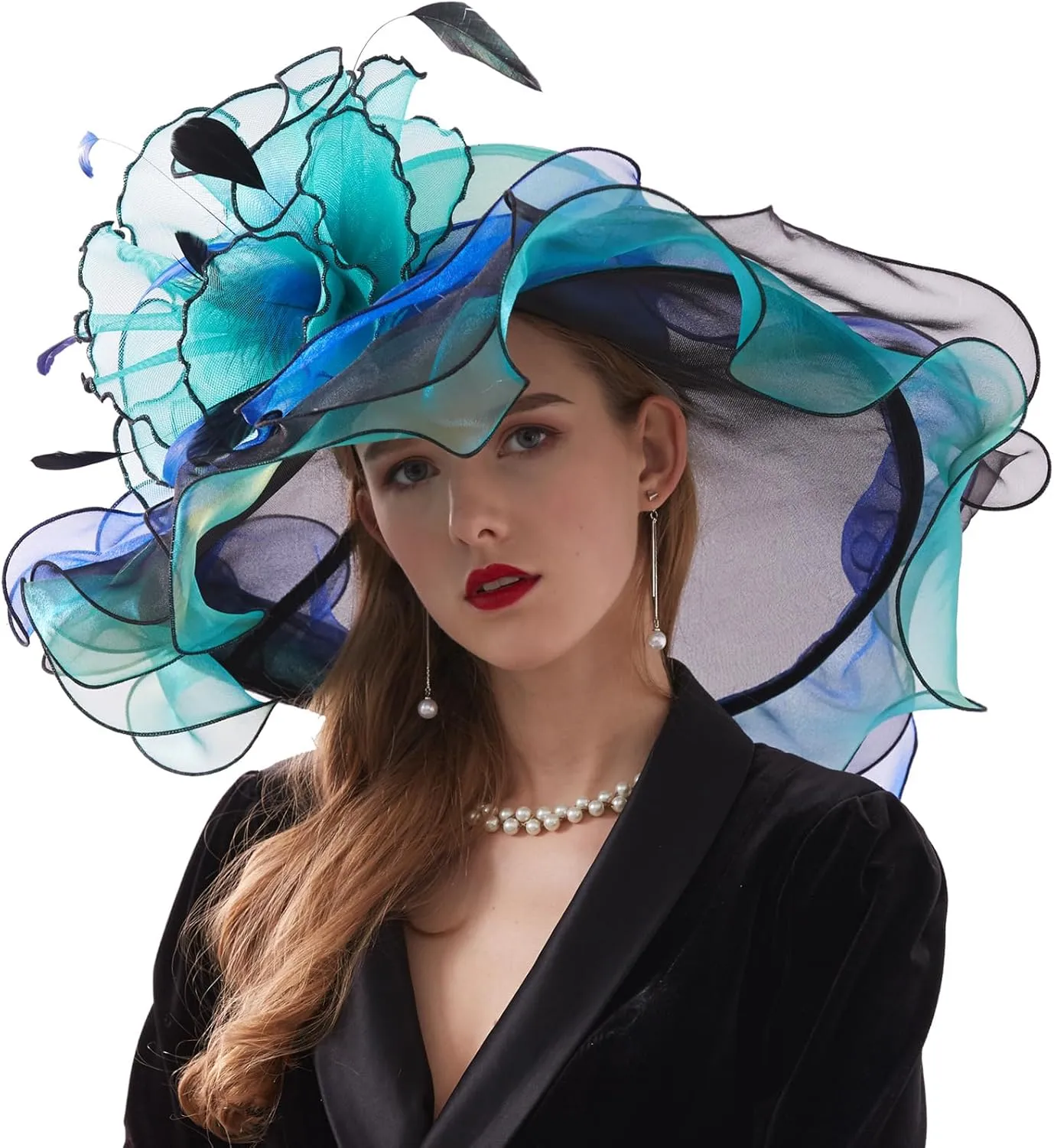 Women Elegant Organza Derby Hat Wide Brim Sun Hats for Wedding Tea Party Fascinator Hat