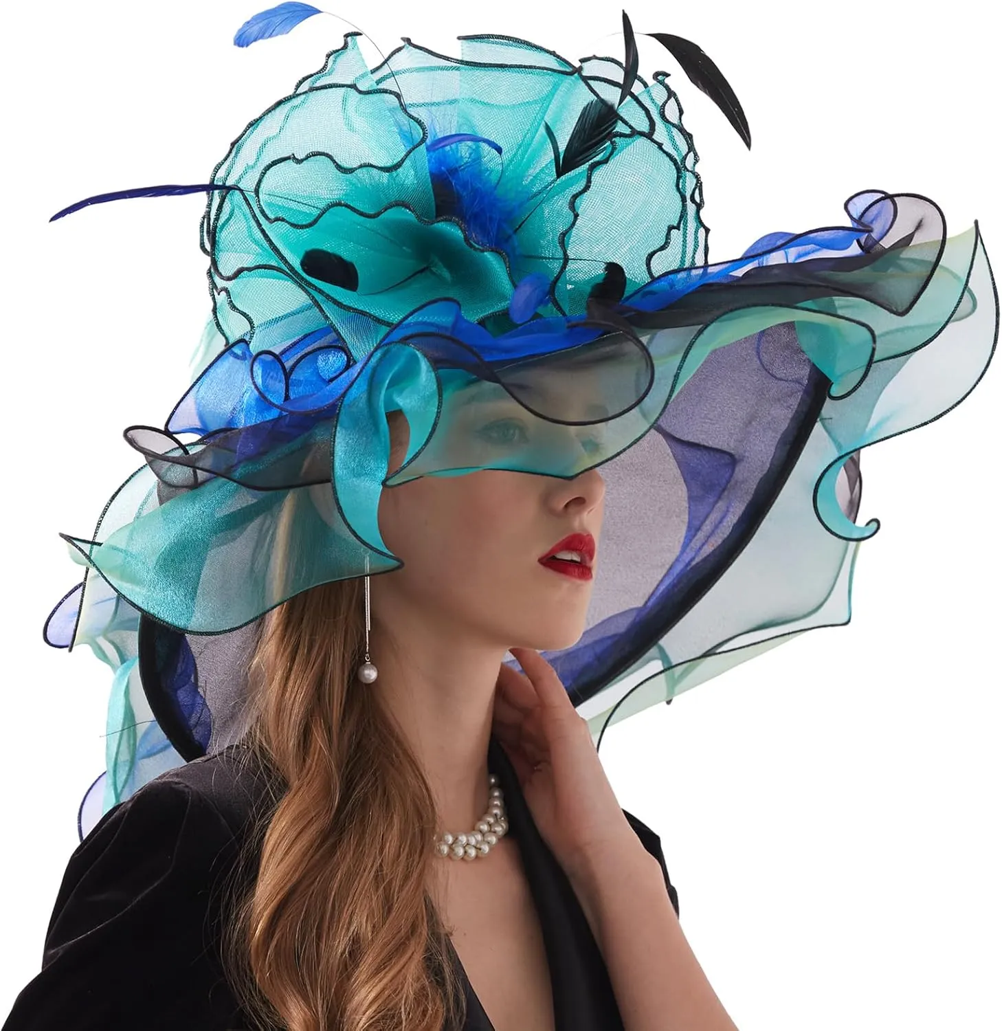 Women Elegant Organza Derby Hat Wide Brim Sun Hats for Wedding Tea Party Fascinator Hat