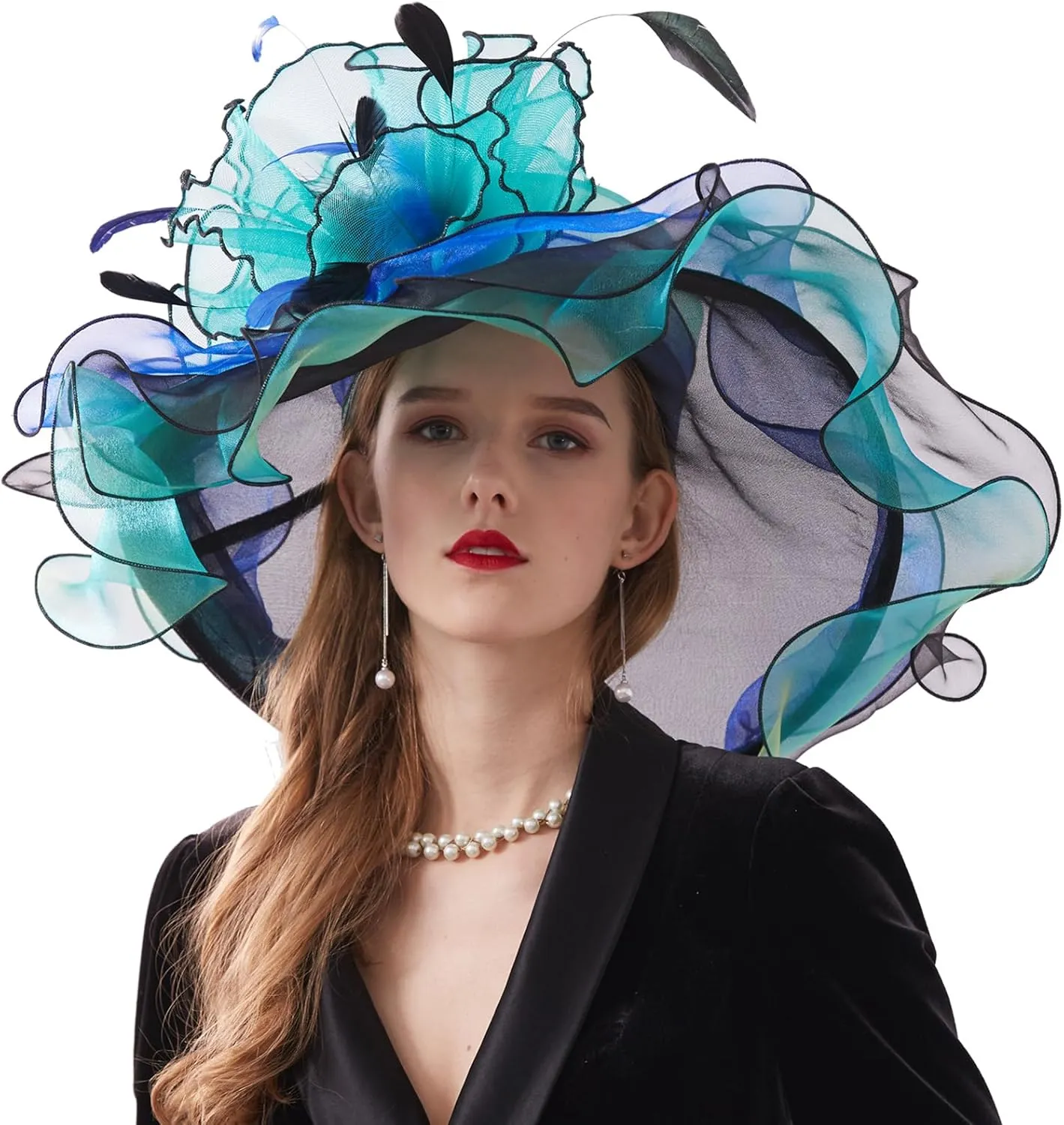 Women Elegant Organza Derby Hat Wide Brim Sun Hats for Wedding Tea Party Fascinator Hat