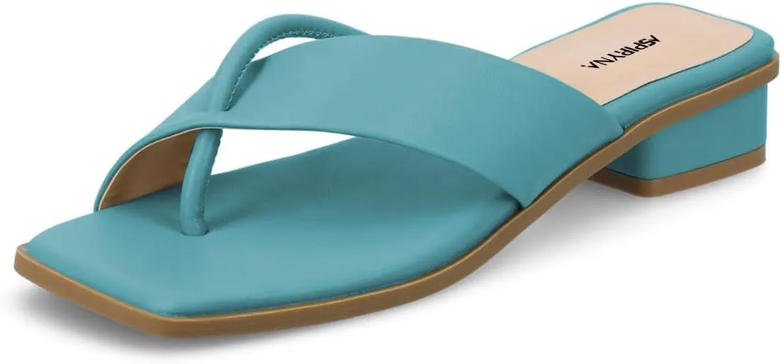Women Fashion Open Square Toe Thong Sandals Slip on Low Block Heel Comfy Flip Flops Casual Daily Wear Indoor Outdoor Slippers Size 4-16 US