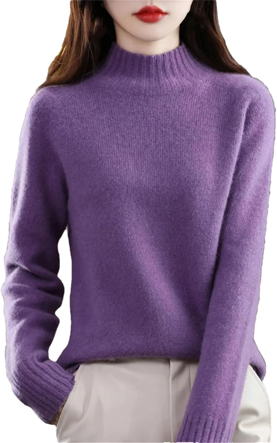 Women Long Sleeve Cashmere Knitted Sweaters Spring Autume 100% Merino Wool Mock-Neck Pullover Tops
