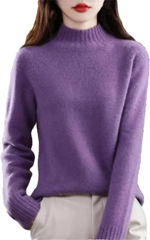 Women Long Sleeve Cashmere Knitted Sweaters Spring Autume 100% Merino Wool Mock-Neck Pullover Tops