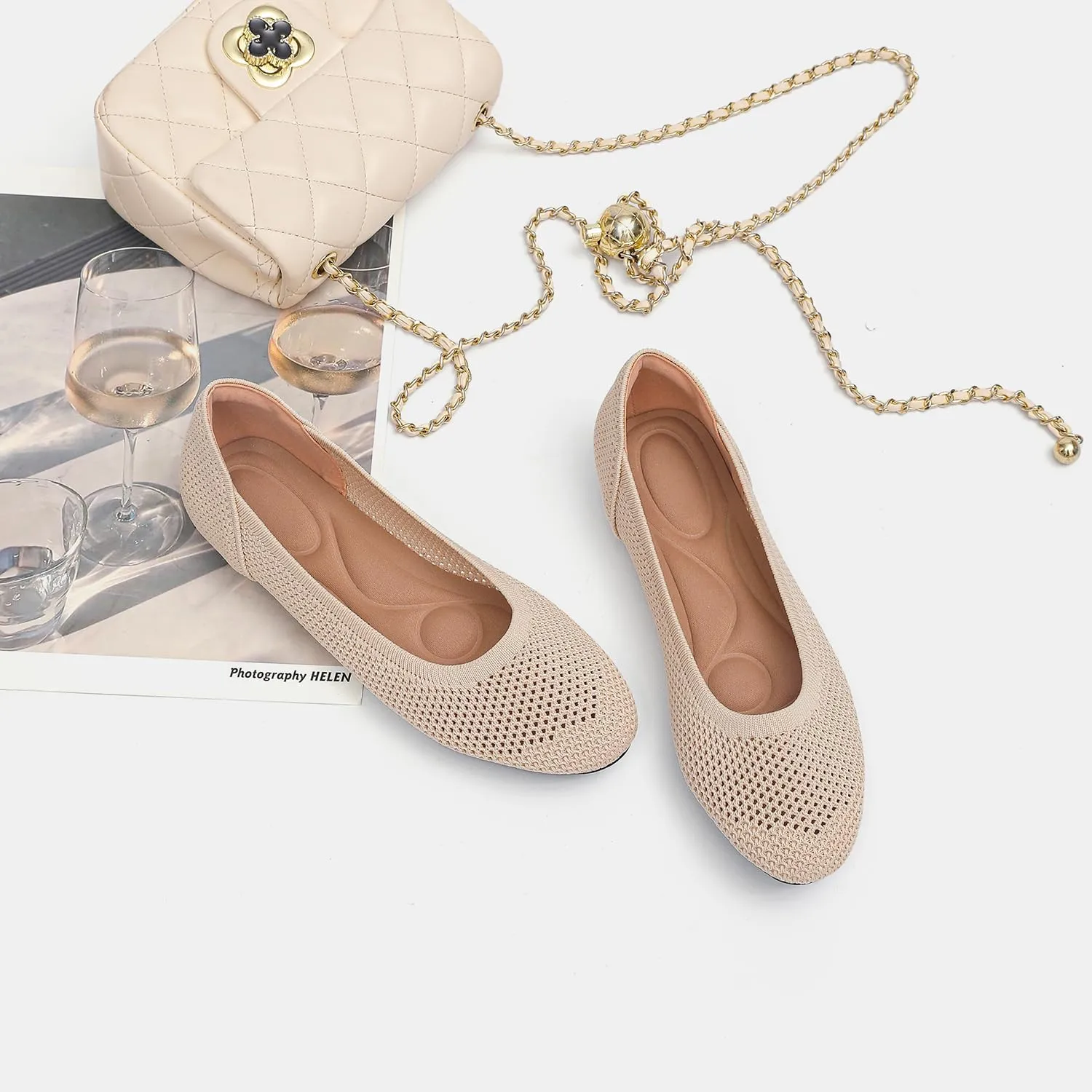 Women’s Ballet Flat Shoes Knit Dress Round Toe Slip On Breathable Classic Hollowed Out Walking Comfortable Casual Soft Shoes