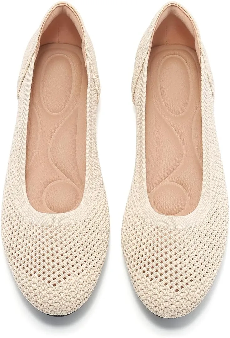 Women’s Ballet Flat Shoes Knit Dress Round Toe Slip On Breathable Classic Hollowed Out Walking Comfortable Casual Soft Shoes
