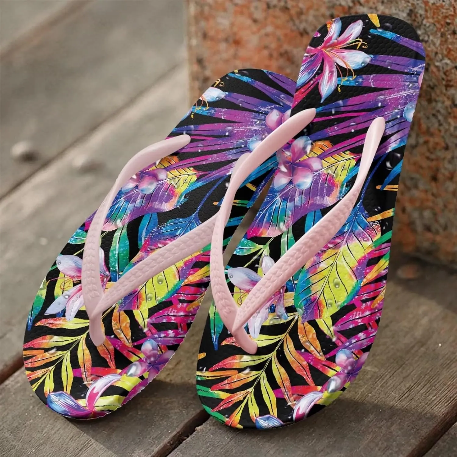 Women's Beach Flip-Flops Tropical Style Lightweight Thong Sandals with EVA Sole Non-Slip Pool Shower Slippers