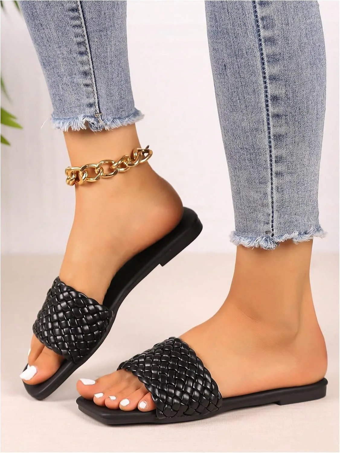 Women's Braided Square Open Toe Flat Sandal Vintage Slip On Leather Sandals