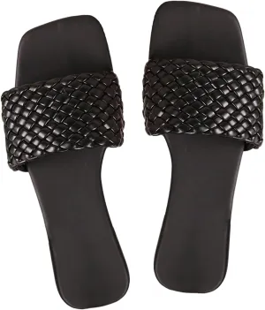 Women's Braided Square Open Toe Flat Sandal Vintage Slip On Leather Sandals