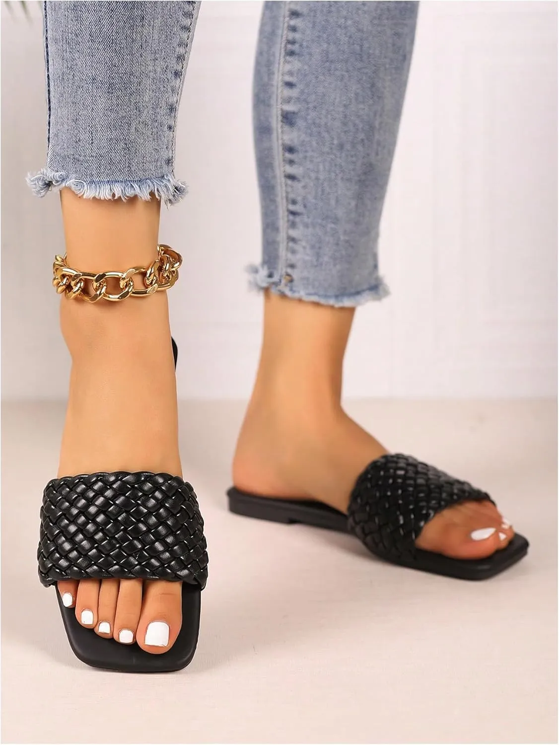 Women's Braided Square Open Toe Flat Sandal Vintage Slip On Leather Sandals
