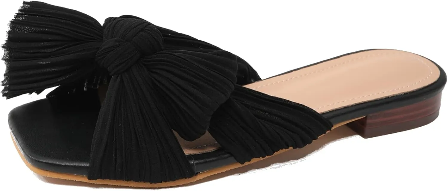 Women's Flat Sandals Casual Dress Sandal Satin Mules Slip On Bowknot Open Toe Backless Low Heeled Slipper Slides for Summer Wedding