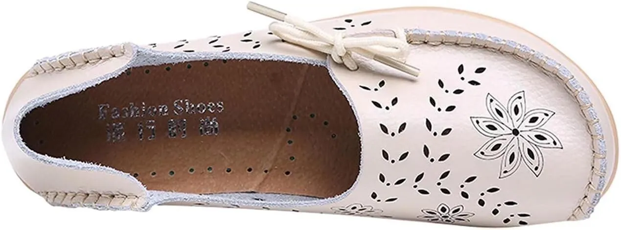 Women's Floral Leather Slip-On Shoes Flat Slipper Walking Loafers