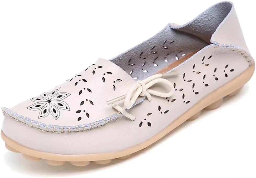 Women's Floral Leather Slip-On Shoes Flat Slipper Walking Loafers