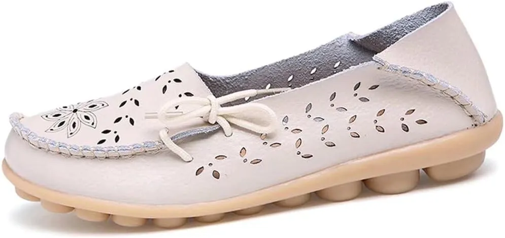 Women's Floral Leather Slip-On Shoes Flat Slipper Walking Loafers