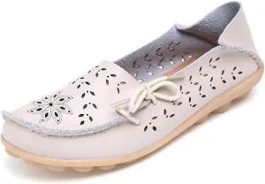 Women's Floral Leather Slip-On Shoes Flat Slipper Walking Loafers