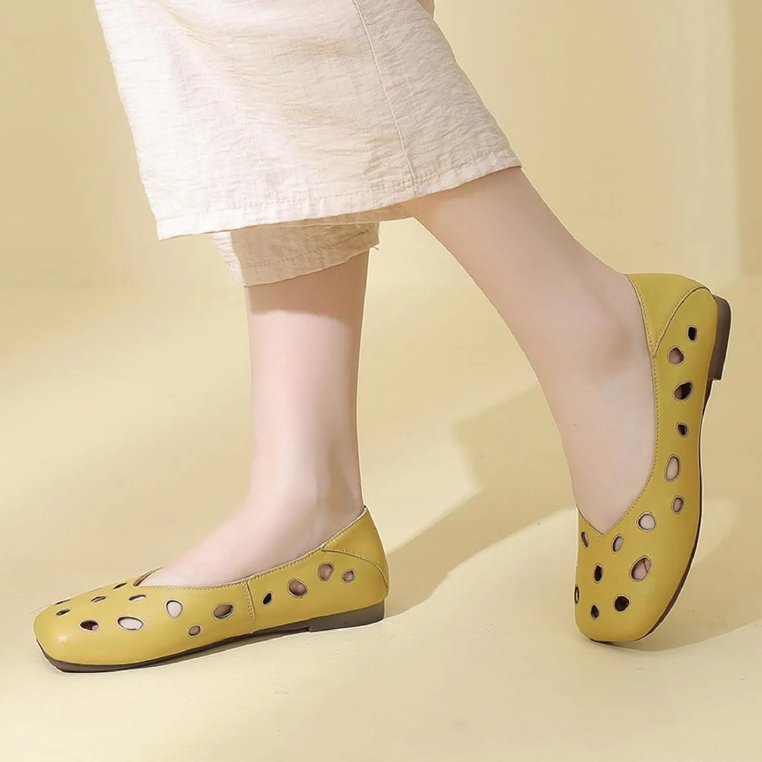 Women's Genuine Leather Hollow Out Flats Sandals Retro Comfortable Square Toe Slip On Ballet Flat Shoes Lightweight Soft Sole Driving Walking Shoes