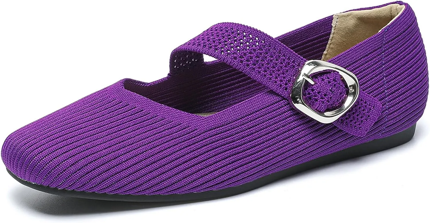 Women's Knitted Flat Mary Jane Shoes Breathable Mesh Square Toe Soft Bottom Non-Slip Adjustable Buckle Dress Flat Shoes Suitable for Business Work