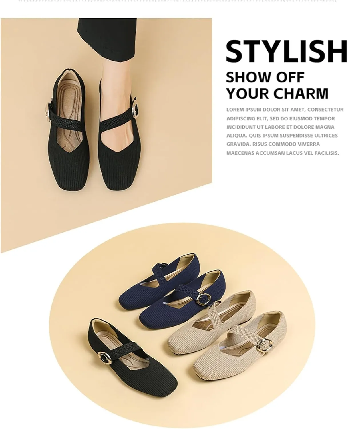 Women's Knitted Flat Mary Jane Shoes Breathable Mesh Square Toe Soft Bottom Non-Slip Adjustable Buckle Dress Flat Shoes Suitable for Business Work