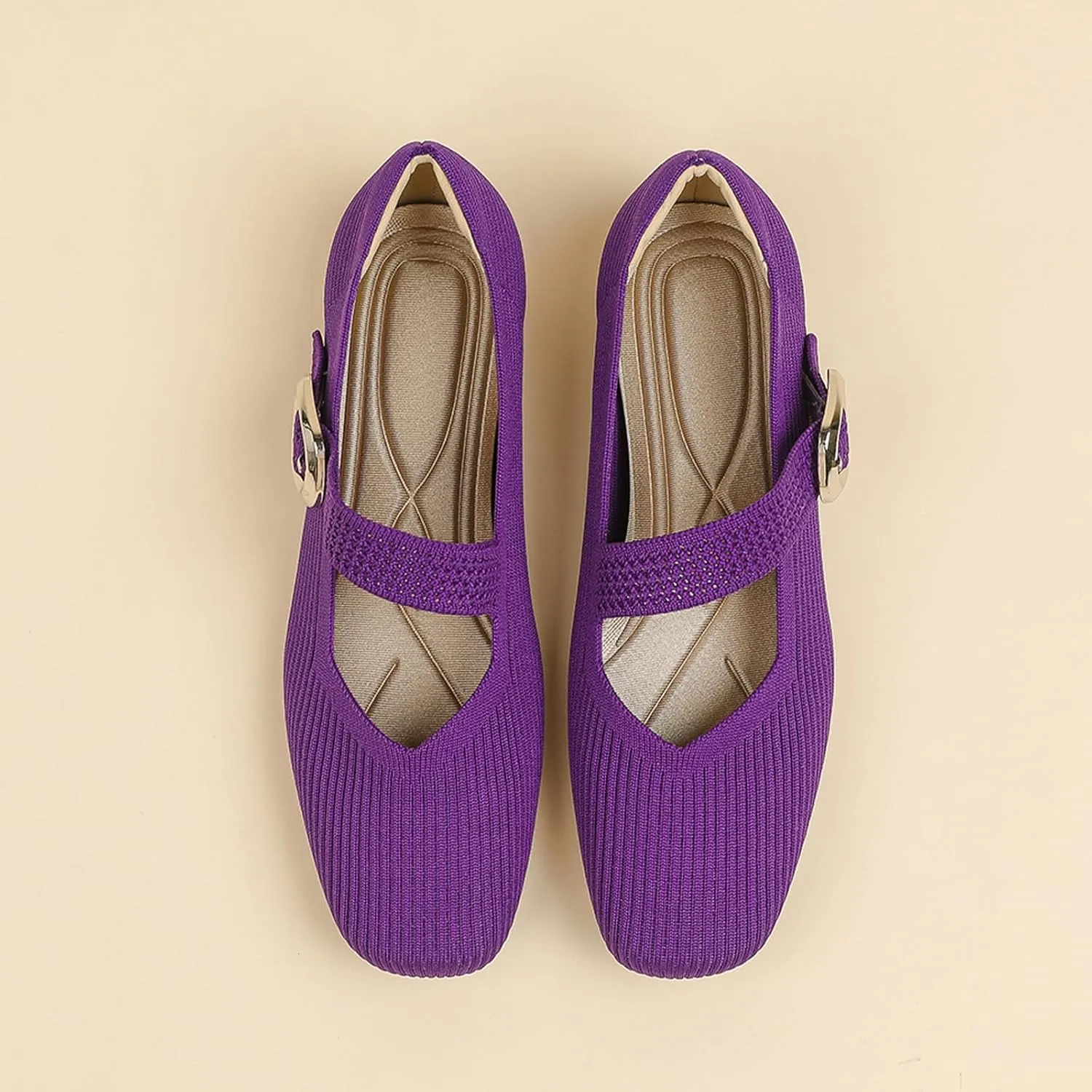 Women's Knitted Flat Mary Jane Shoes Breathable Mesh Square Toe Soft Bottom Non-Slip Adjustable Buckle Dress Flat Shoes Suitable for Business Work