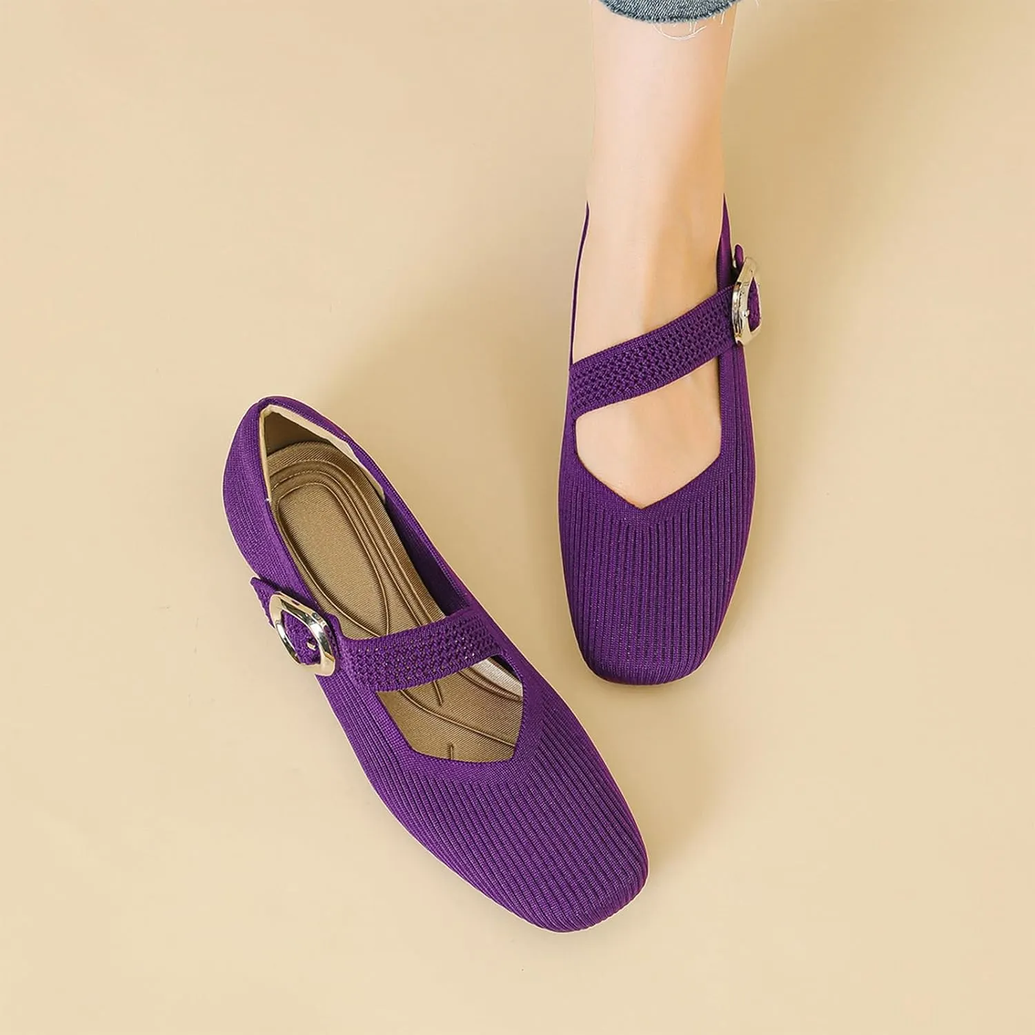 Women's Knitted Flat Mary Jane Shoes Breathable Mesh Square Toe Soft Bottom Non-Slip Adjustable Buckle Dress Flat Shoes Suitable for Business Work