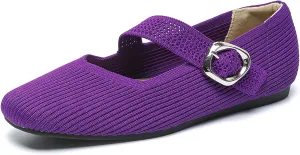 Women's Knitted Flat Mary Jane Shoes Breathable Mesh Square Toe Soft Bottom Non-Slip Adjustable Buckle Dress Flat Shoes Suitable for Business Work