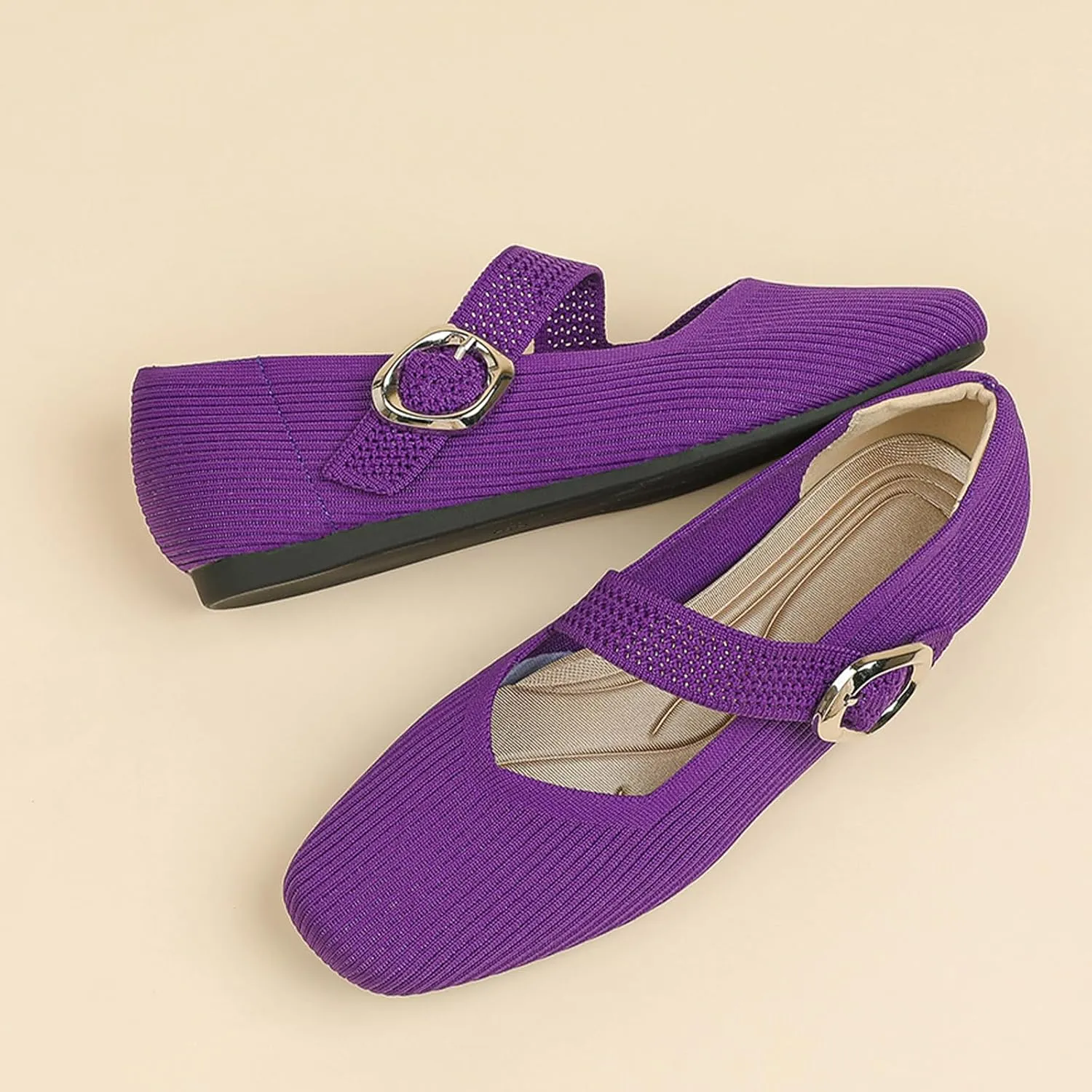 Women's Knitted Flat Mary Jane Shoes Breathable Mesh Square Toe Soft Bottom Non-Slip Adjustable Buckle Dress Flat Shoes Suitable for Business Work