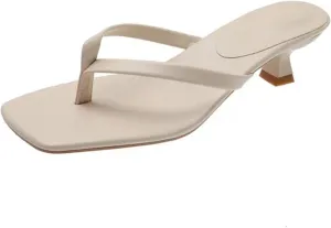 Women's Leather Kitten Heels Thong Sandals Square Open Toe Slip-On Memory Foam Mid Heel Slides Sandals Daily Sexy Party Wedding Dressy Sandals