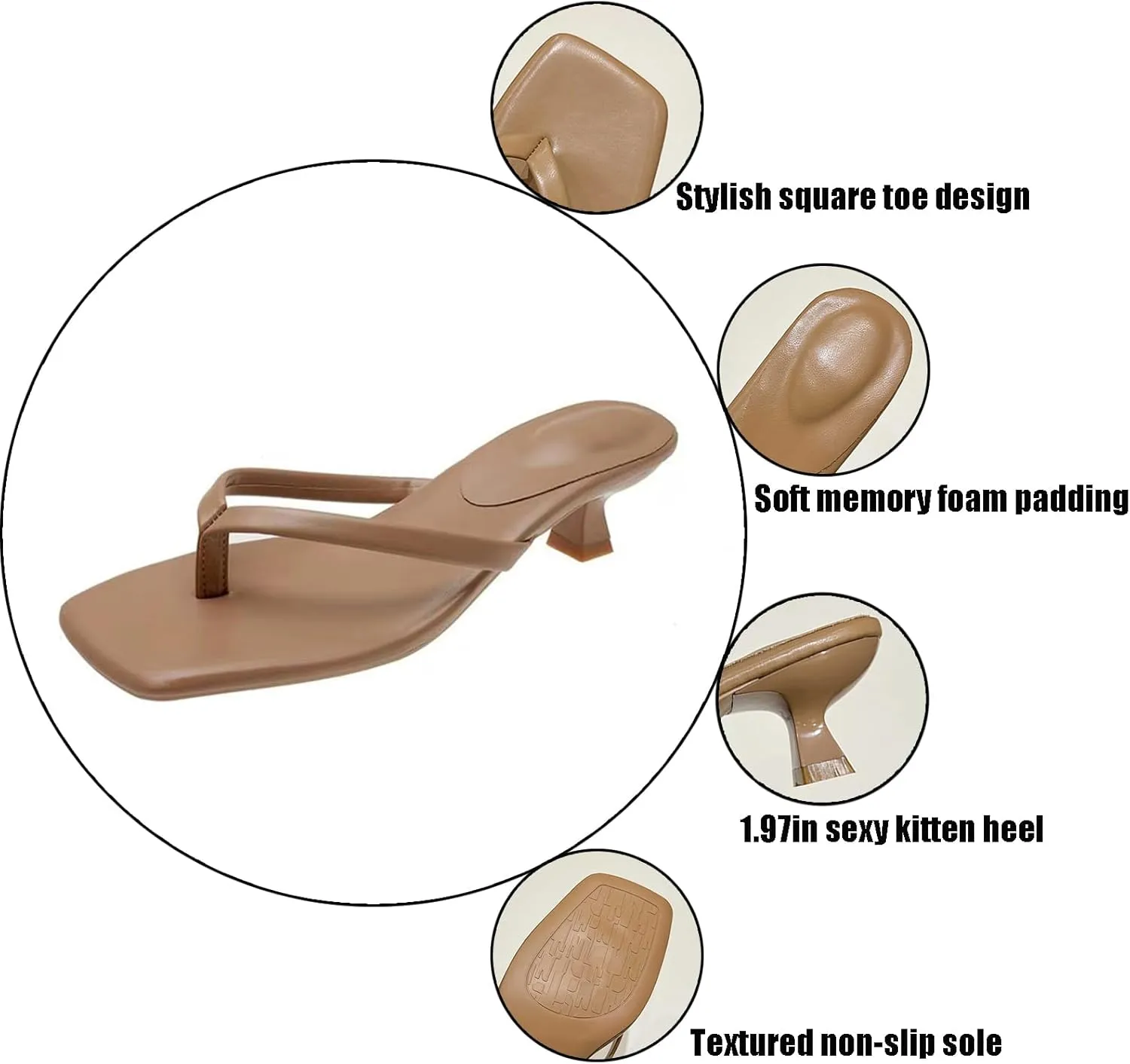 Women's Leather Kitten Heels Thong Sandals Square Open Toe Slip-On Memory Foam Mid Heel Slides Sandals Daily Sexy Party Wedding Dressy Sandals