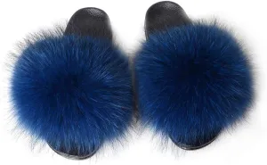 Womens Luxury Real Raccon Fur Sliders Slippers Furry Slides Fashion Flat Soles Soft Summer Slippers (10, Raccoon-Sapphire)