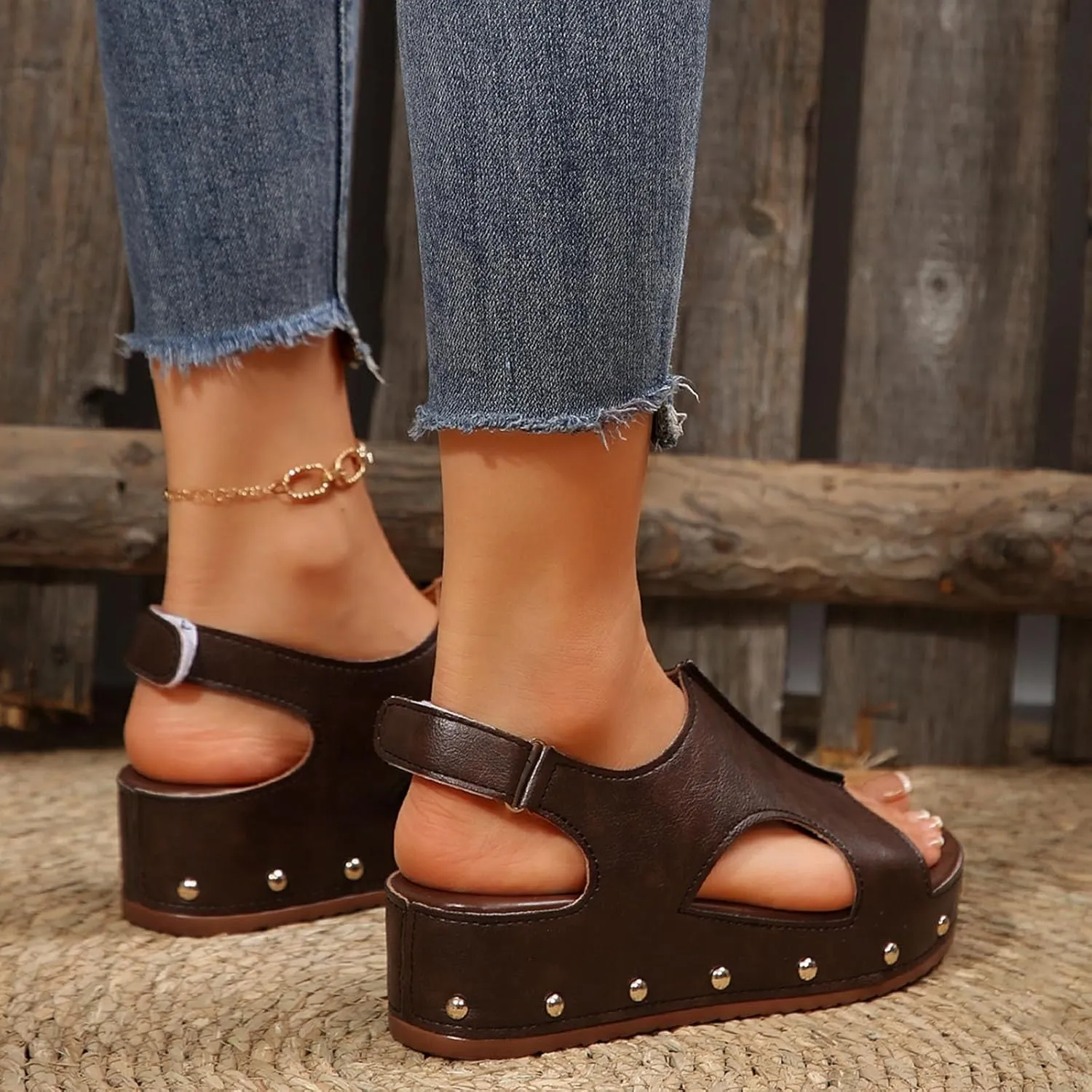Women's Retro Wedge Sandal - 2 Inch Cushioned Wedge, Hook & Loop Closure for Comfort Style, Perfect Casual Dressy Outfits, All Day Wear Shoe