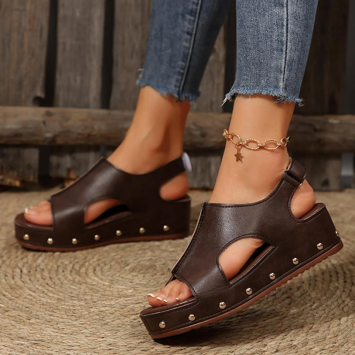 Women's Retro Wedge Sandal - 2 Inch Cushioned Wedge, Hook & Loop Closure for Comfort Style, Perfect Casual Dressy Outfits, All Day Wear Shoe