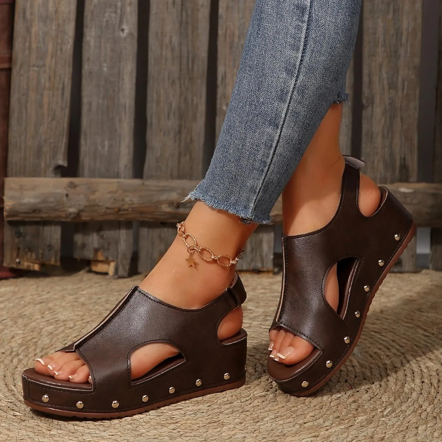 Women's Retro Wedge Sandal - 2 Inch Cushioned Wedge, Hook & Loop Closure for Comfort Style, Perfect Casual Dressy Outfits, All Day Wear Shoe
