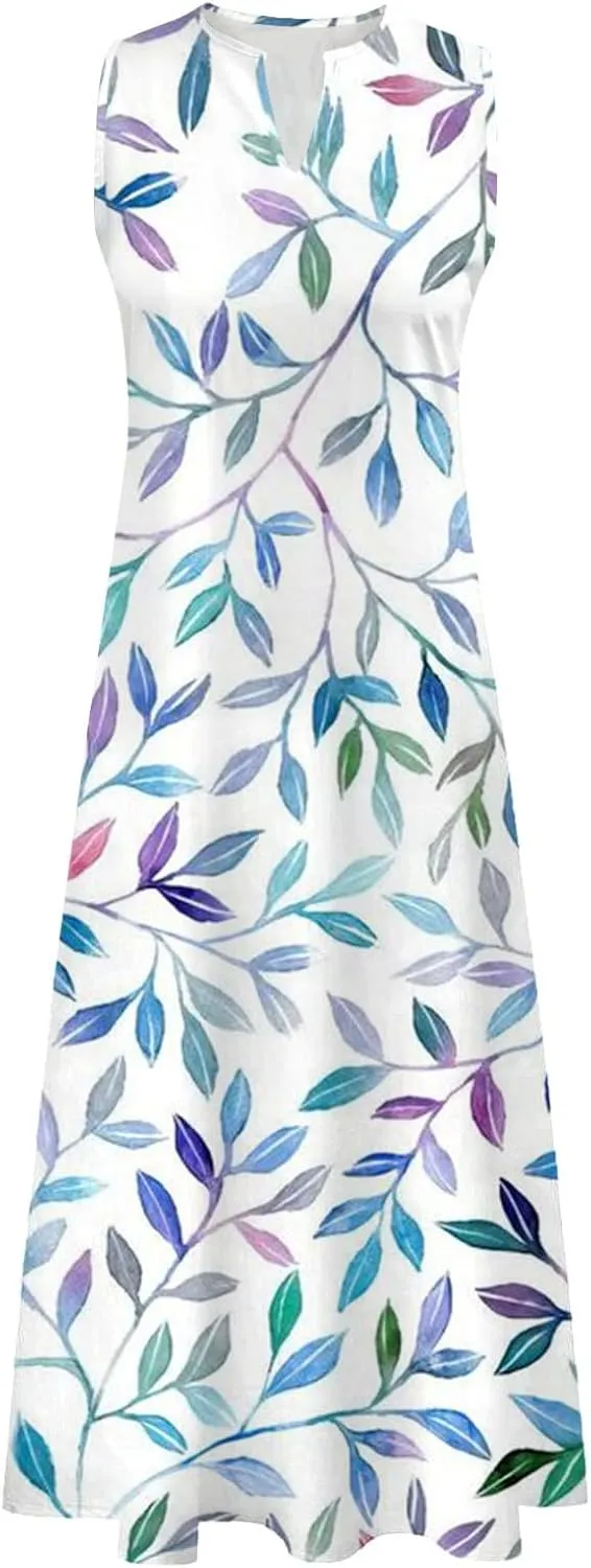 Women's Sexy Bodycon Tank Dress Boho Floral Printed Basic Sleeveless Maxi Dresses V Neck Party Club Beach Sundresses