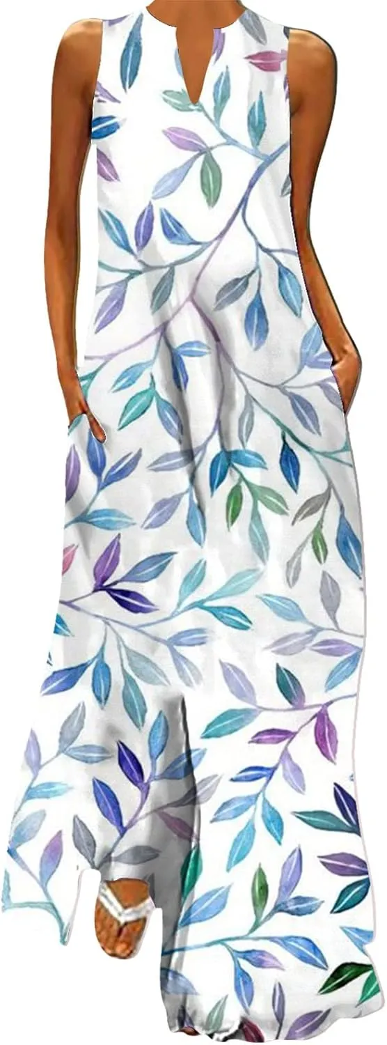 Women's Sexy Bodycon Tank Dress Boho Floral Printed Basic Sleeveless Maxi Dresses V Neck Party Club Beach Sundresses