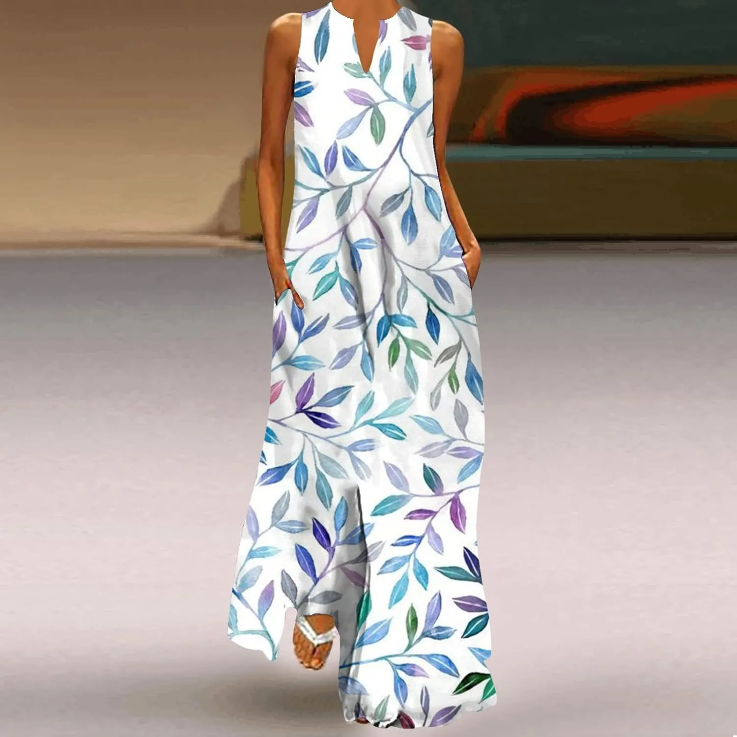 Women's Sexy Bodycon Tank Dress Boho Floral Printed Basic Sleeveless Maxi Dresses V Neck Party Club Beach Sundresses