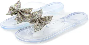 Womens Shiny Rhinestone Bowknot Flat Flip-Flops Colorful Jewelry Rhinestones Sequins Sandals Summer Beach Jelly Clip Toe Slippers Shoes
