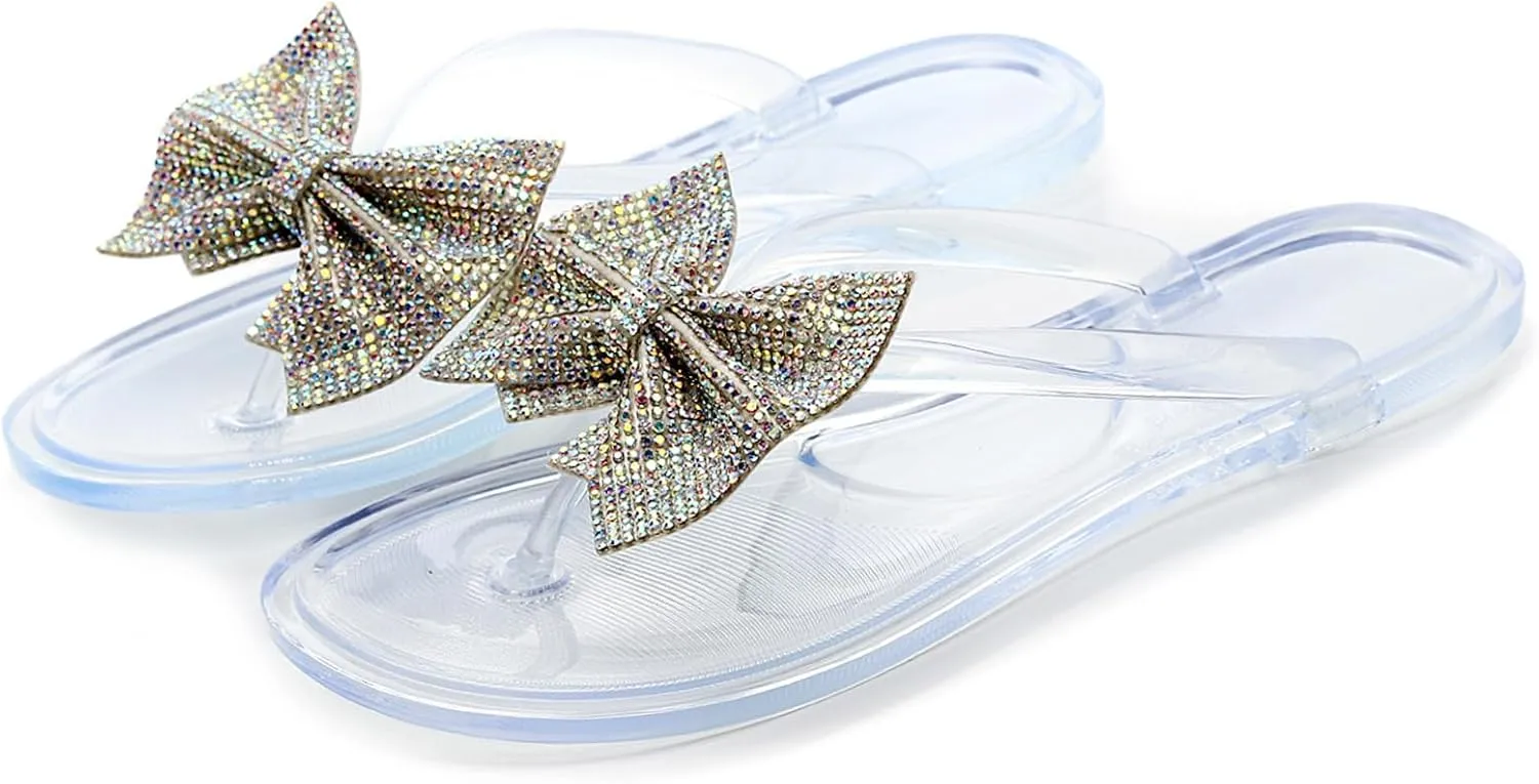 Womens Shiny Rhinestone Bowknot Flat Flip-Flops Colorful Jewelry Rhinestones Sequins Sandals Summer Beach Jelly Clip Toe Slippers Shoes