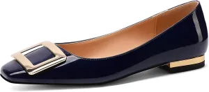 Women's Square Toe Gold Metal Buckle Pumps Patent Leather Slip On Flat Shoes
