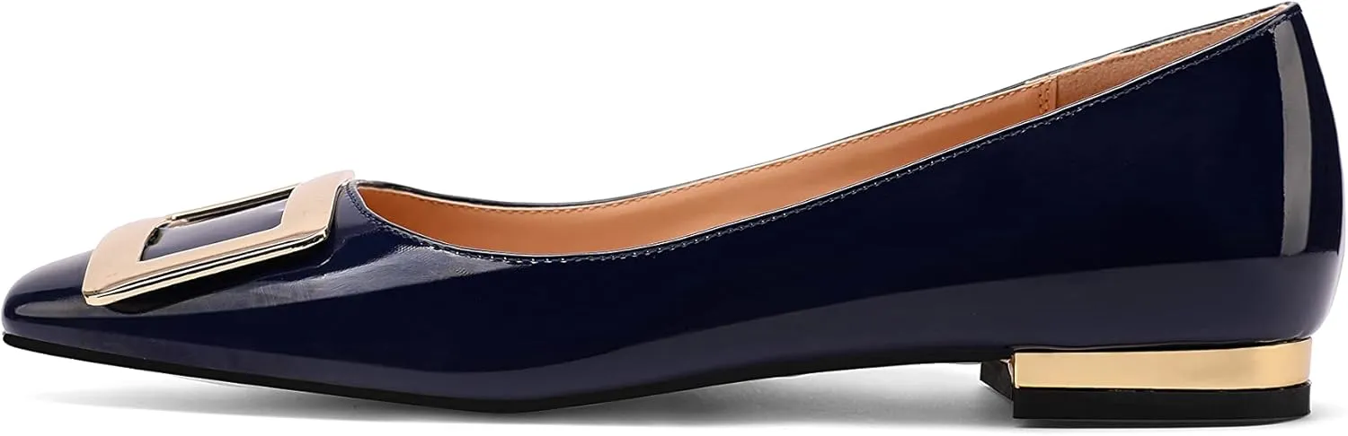 Women's Square Toe Gold Metal Buckle Pumps Patent Leather Slip On Flat Shoes