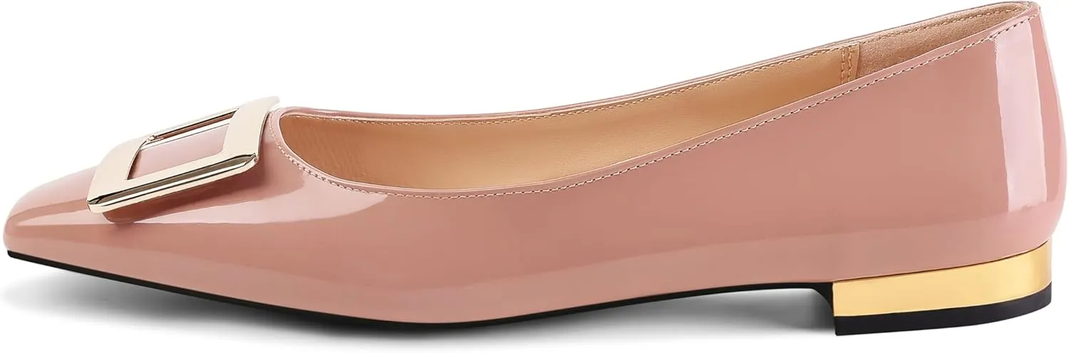 Women's Square Toe Gold Metal Buckle Pumps Patent Leather Slip On Flat Shoes