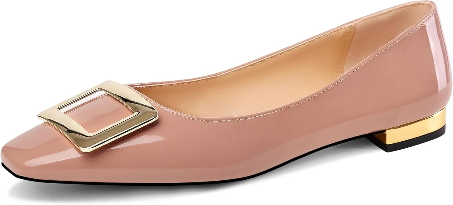 Women's Square Toe Gold Metal Buckle Pumps Patent Leather Slip On Flat Shoes