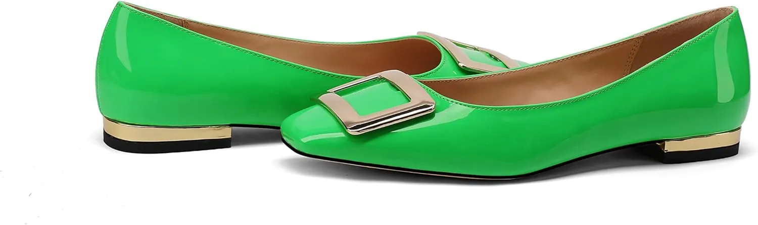 Women's Square Toe Gold Metal Buckle Pumps Patent Leather Slip On Flat Shoes
