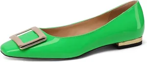 Women's Square Toe Gold Metal Buckle Pumps Patent Leather Slip On Flat Shoes