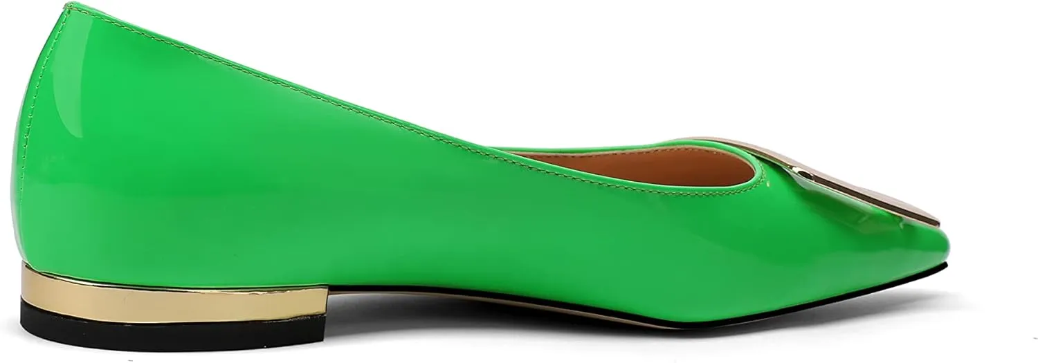 Women's Square Toe Gold Metal Buckle Pumps Patent Leather Slip On Flat Shoes