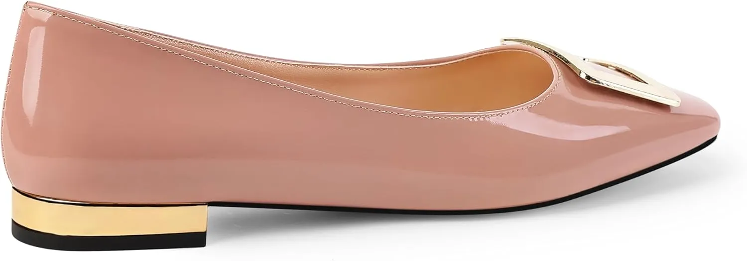Women's Square Toe Gold Metal Buckle Pumps Patent Leather Slip On Flat Shoes