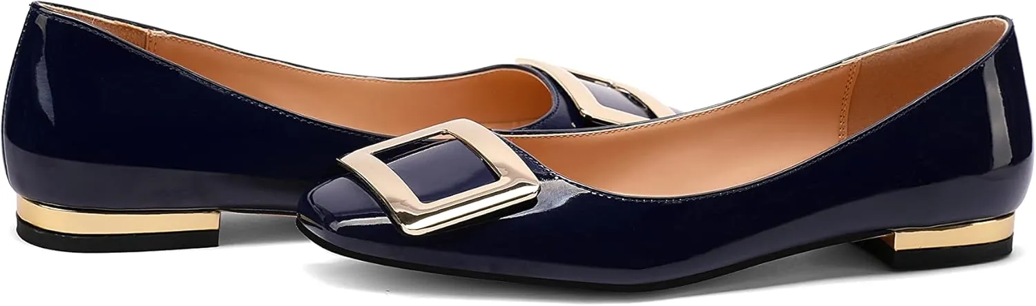 Women's Square Toe Gold Metal Buckle Pumps Patent Leather Slip On Flat Shoes