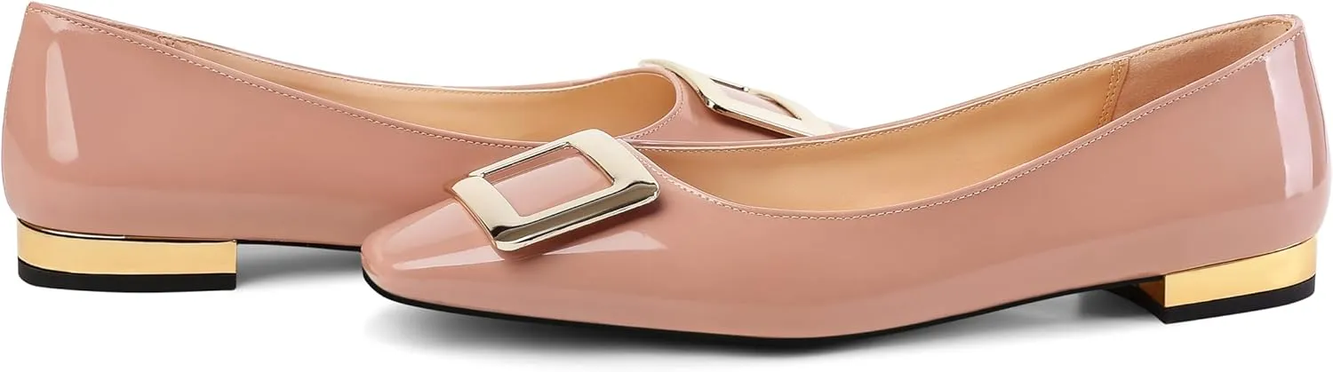 Women's Square Toe Gold Metal Buckle Pumps Patent Leather Slip On Flat Shoes