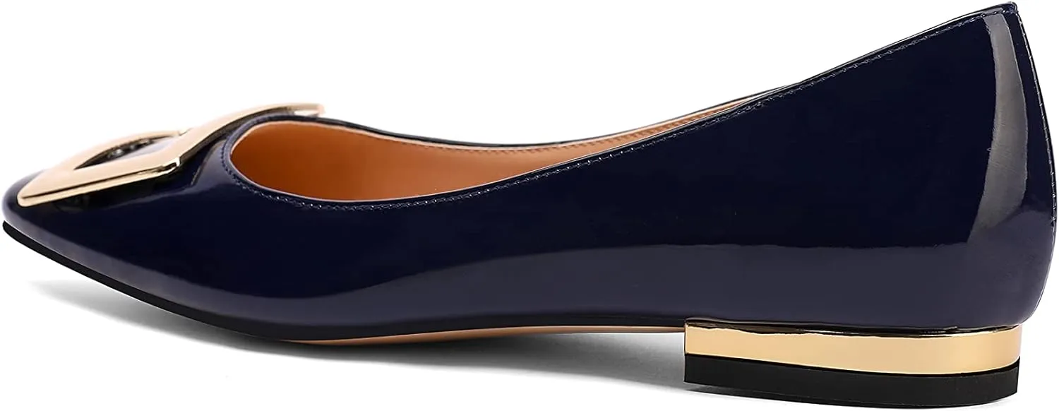 Women's Square Toe Gold Metal Buckle Pumps Patent Leather Slip On Flat Shoes
