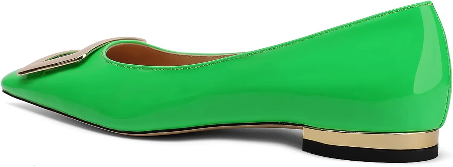 Women's Square Toe Gold Metal Buckle Pumps Patent Leather Slip On Flat Shoes